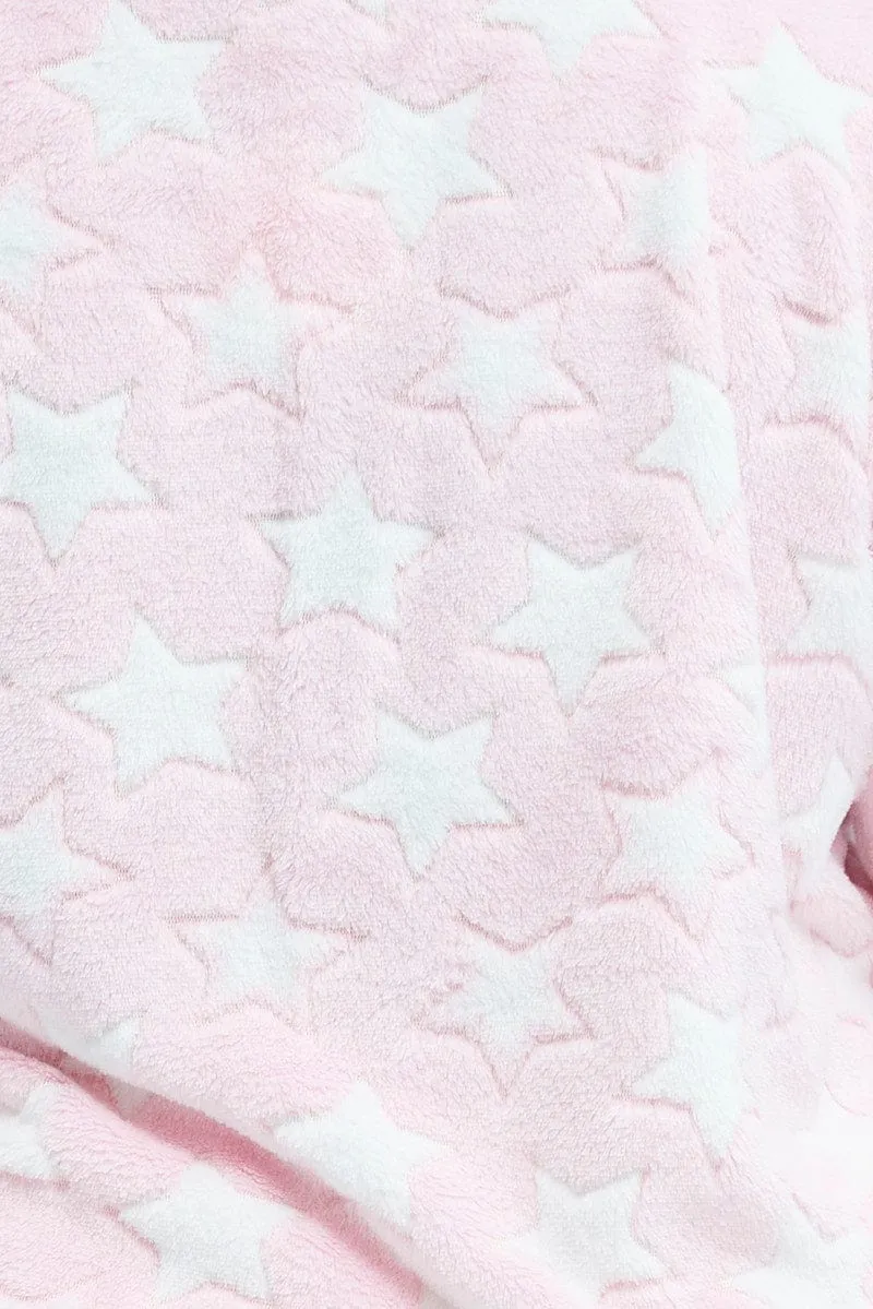 Pink Print Fluffy Fleece Star Print Pj Two Piece Pyjama Set