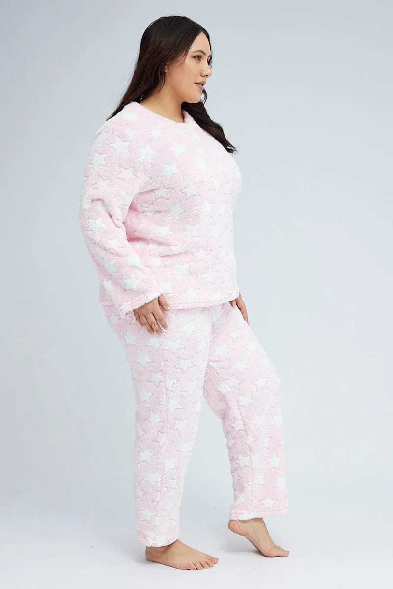 Pink Print Fluffy Fleece Star Print Pj Two Piece Pyjama Set