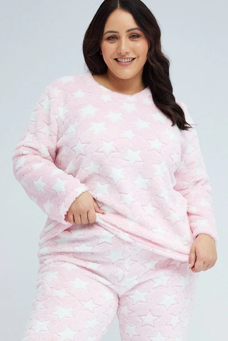 Pink Print Fluffy Fleece Star Print Pj Two Piece Pyjama Set