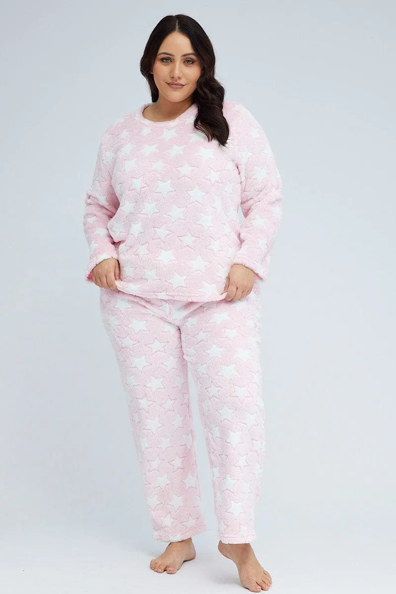 Pink Print Fluffy Fleece Star Print Pj Two Piece Pyjama Set