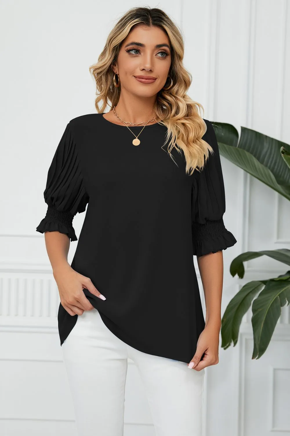 Pleated Flounce Sleeve Keyhole Blouse