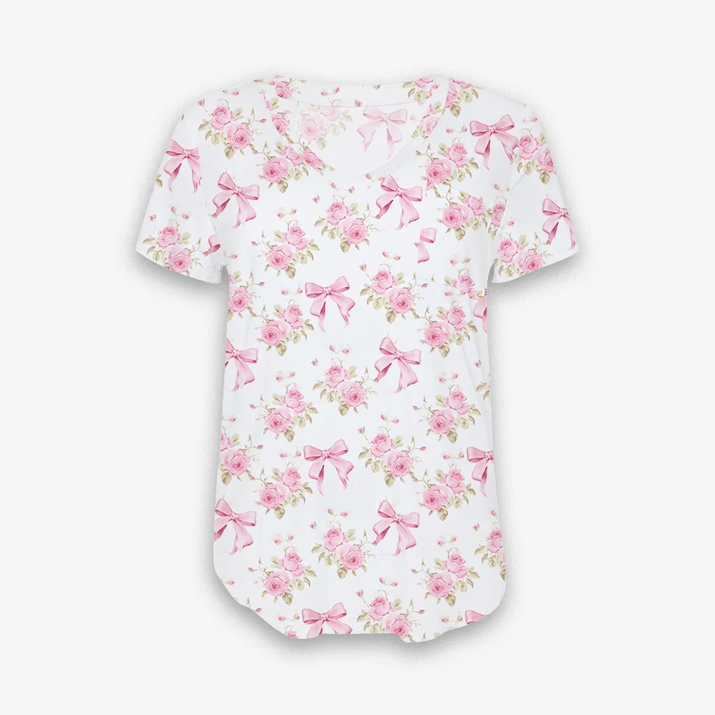 [Pre Sale] Whimsical & Wild Ribbons & Roses - Women's Printed Bamboo Short Sleeve Top (EST SHIP LATE MARCH)