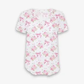 [Pre Sale] Whimsical & Wild Ribbons & Roses - Women's Printed Bamboo Short Sleeve Top (EST SHIP LATE MARCH)