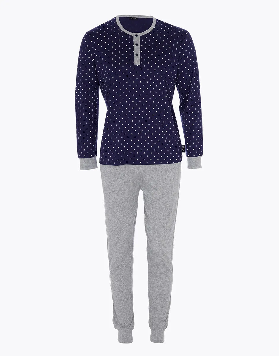 Pyjama long en jersey de coton, bleu navy avec motif géométrique