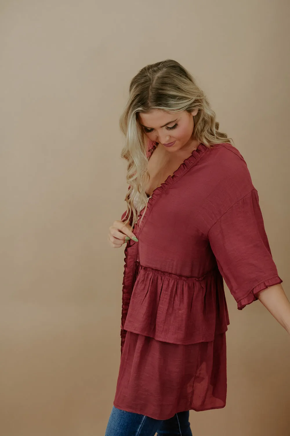 Raven Ruffle Kimono, brick Red