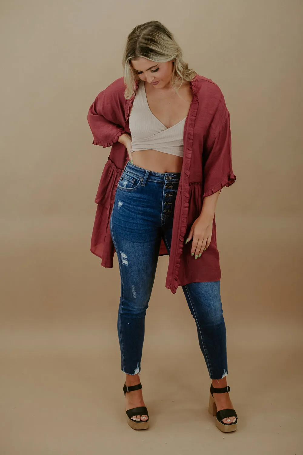 Raven Ruffle Kimono, brick Red