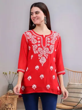 Red Georgette Chikankari Short Tunic with Inner Slip