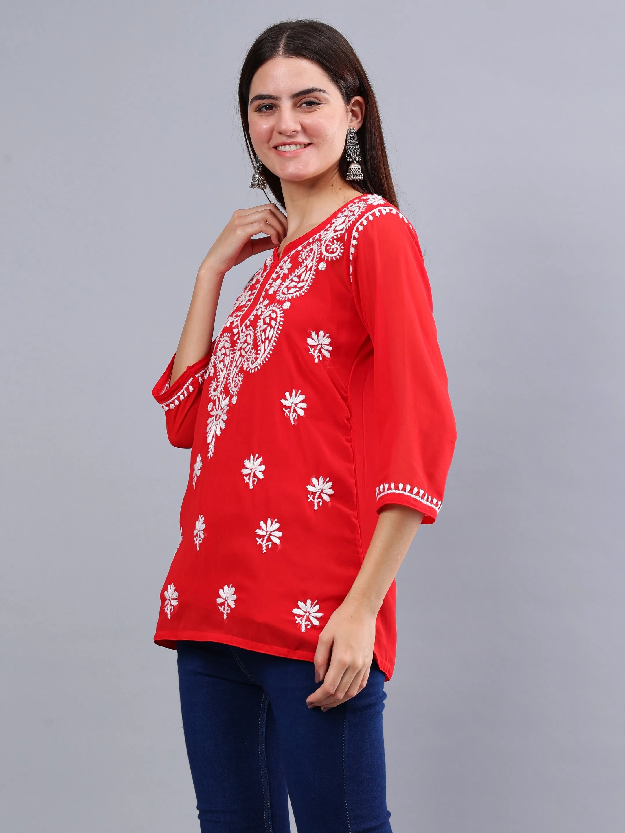 Red Georgette Chikankari Short Tunic with Inner Slip