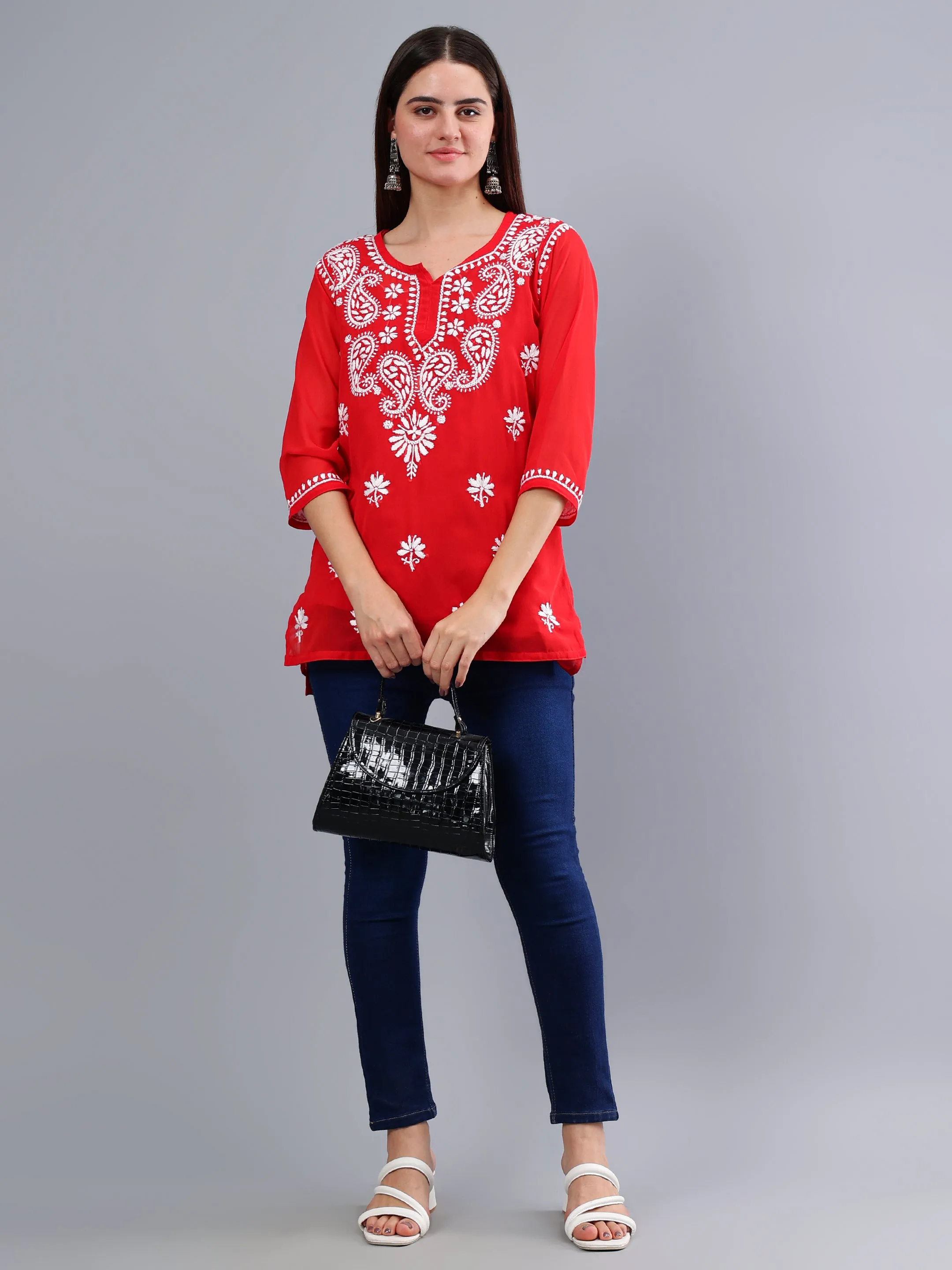 Red Georgette Chikankari Short Tunic with Inner Slip