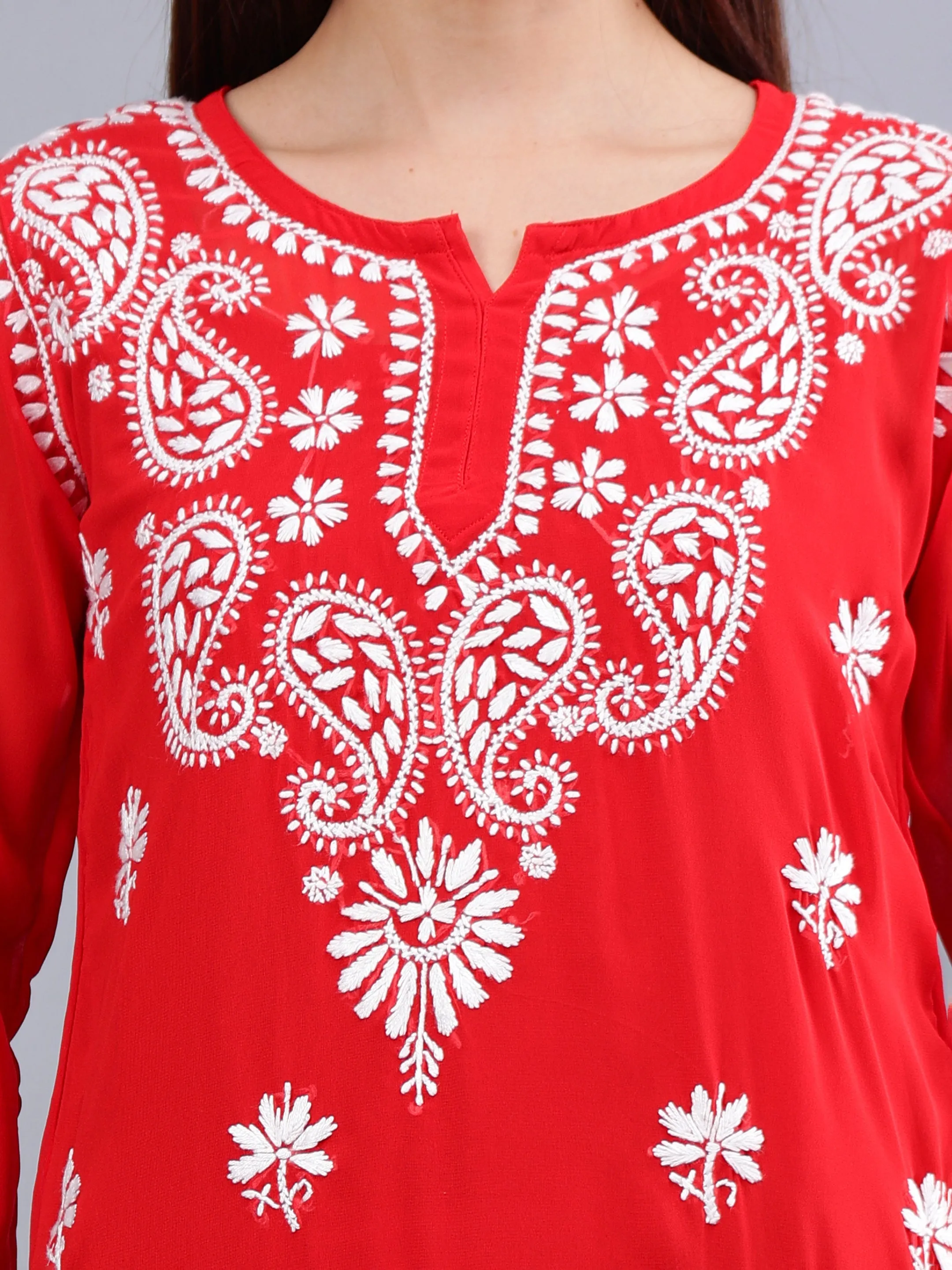 Red Georgette Chikankari Short Tunic with Inner Slip