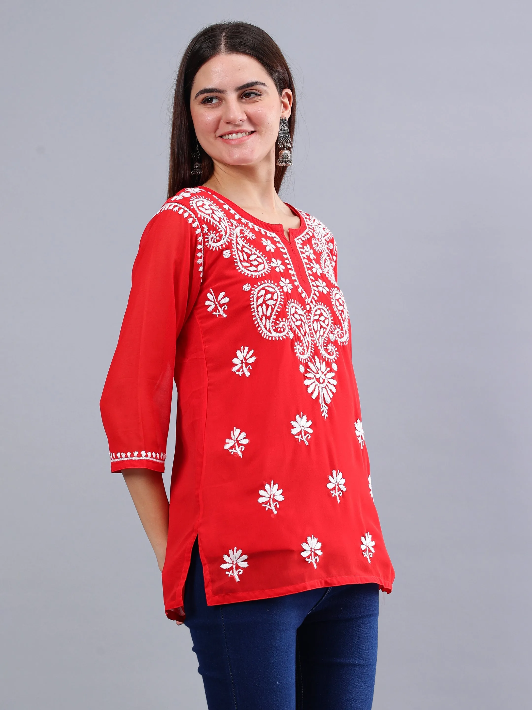 Red Georgette Chikankari Short Tunic with Inner Slip