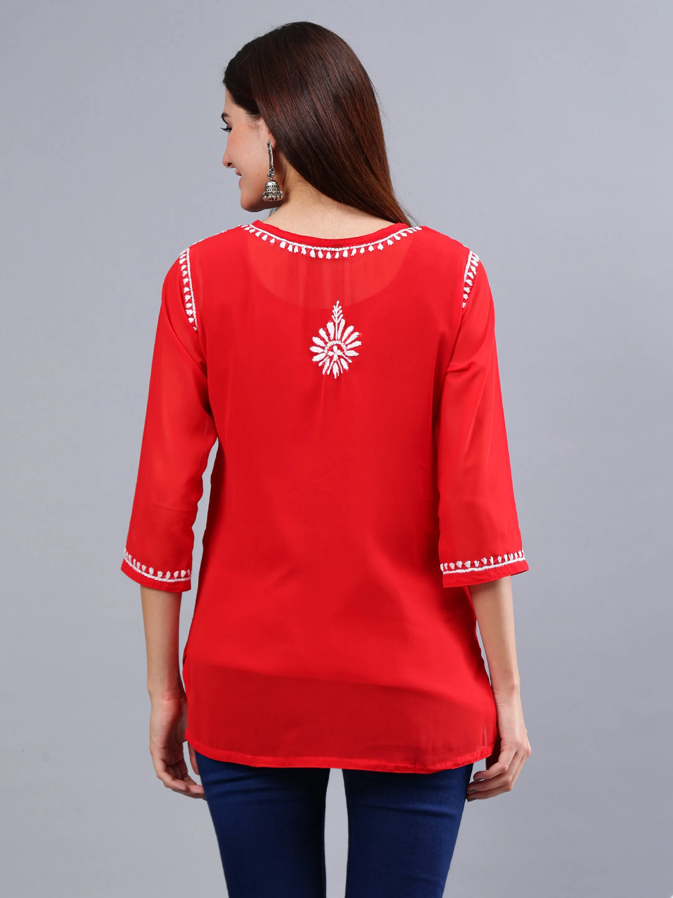 Red Georgette Chikankari Short Tunic with Inner Slip