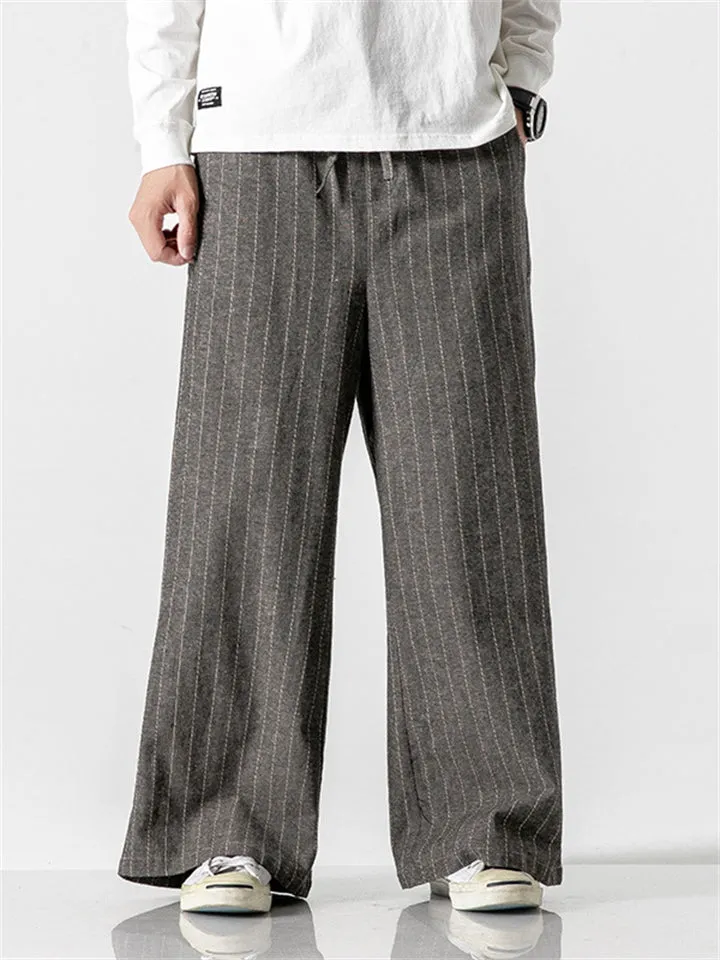 Relaxed Fit Cotton Linen Striped Pants for Men