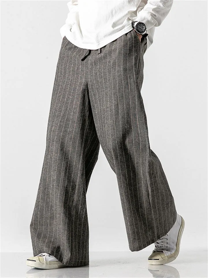 Relaxed Fit Cotton Linen Striped Pants for Men