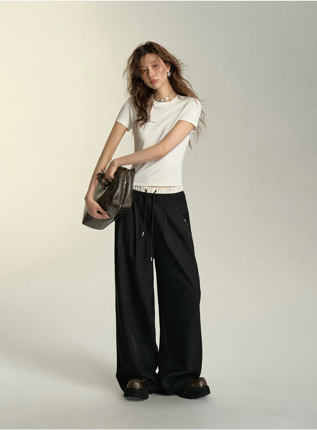 Relaxed Fit Drawstring Waist Wide Leg Pants