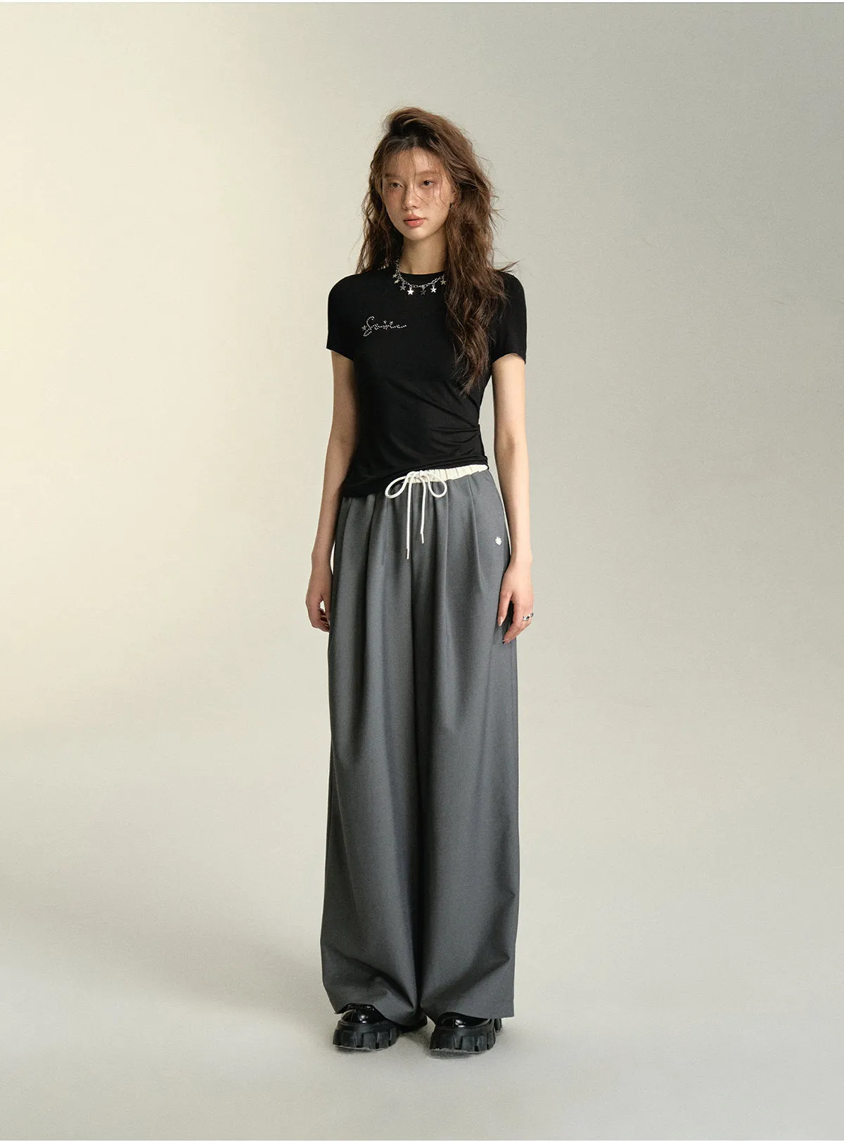 Relaxed Fit Drawstring Waist Wide Leg Pants