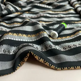 REMNANT 0.28 Metres - Yarn Dyed Embroidered Stripes on Black Viscose Fabric