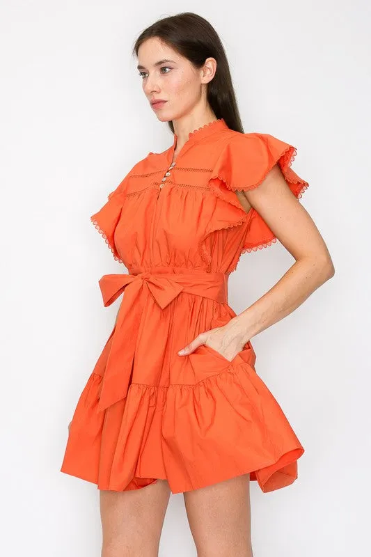 Rust Cotton Flutter Sleeves Tiered Skirt With Belt Mini