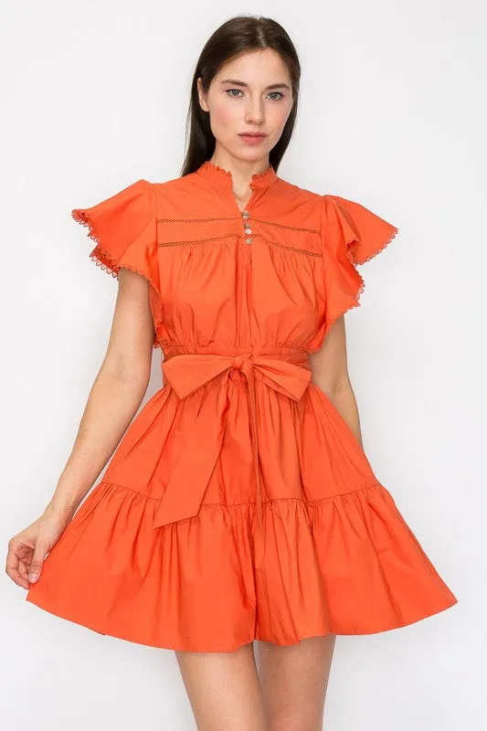 Rust Cotton Flutter Sleeves Tiered Skirt With Belt Mini