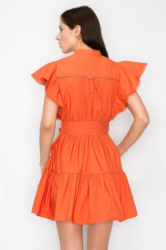 Rust Cotton Flutter Sleeves Tiered Skirt With Belt Mini