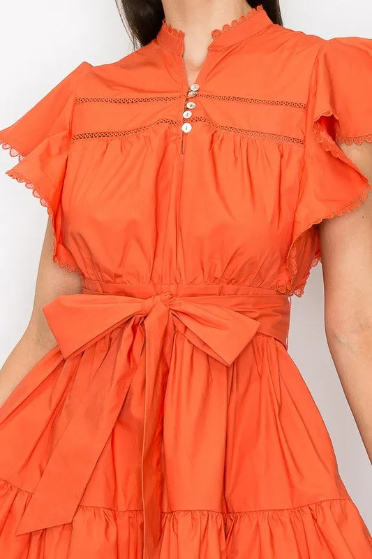 Rust Cotton Flutter Sleeves Tiered Skirt With Belt Mini