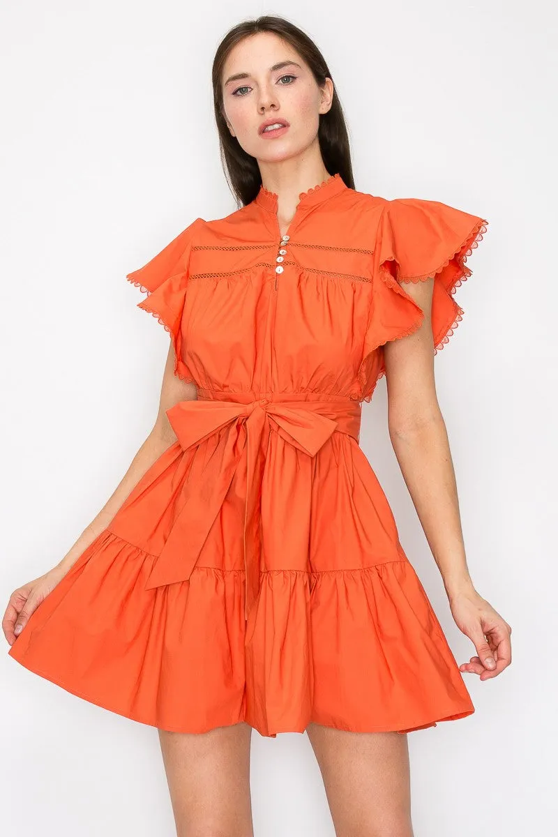 Rust Cotton Flutter Sleeves Tiered Skirt With Belt Mini