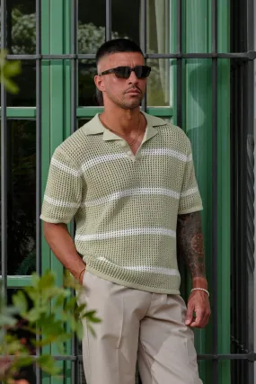 Sage/White Striped Crochet Polo