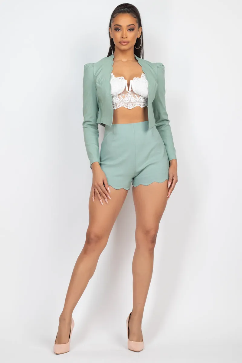 Scallop Hem Blazer Jacket & Mini Shorts Set