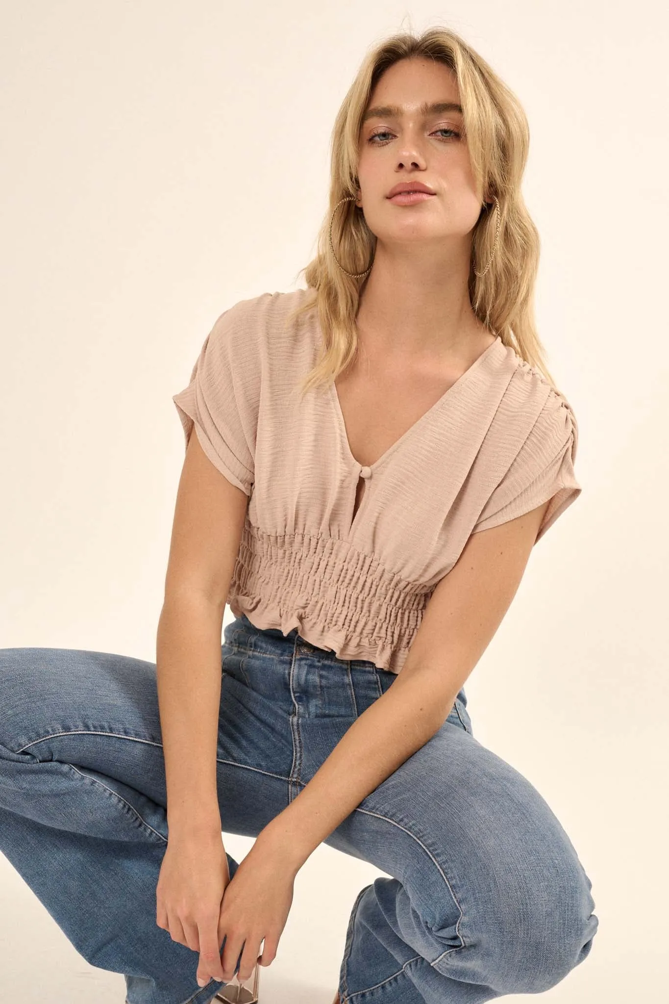 Set Yourself Free Smocked Kimono-Sleeve Crop Top