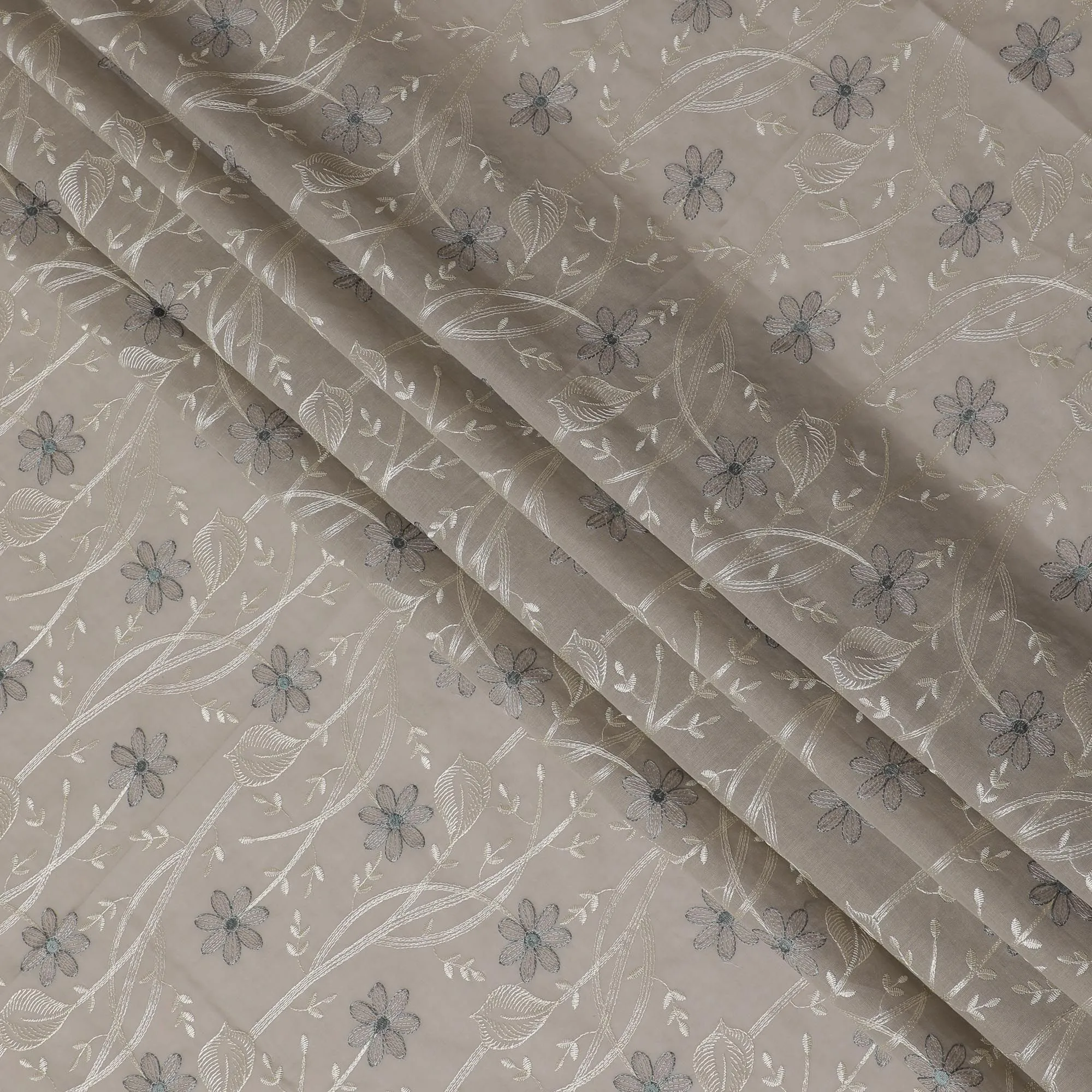 Silvery Moonlight Embroidered Cotton Lawn Fabric - Ethereal Grey with Blue Florals, 110cm Width-D18756