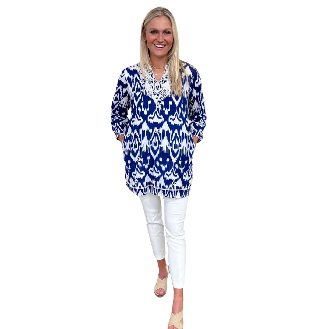 The Key Biscayne Embroidered Ikat Print Tunic in Blue and White