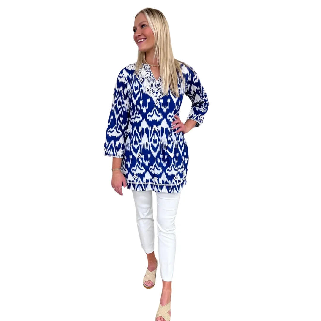 The Key Biscayne Embroidered Ikat Print Tunic in Blue and White