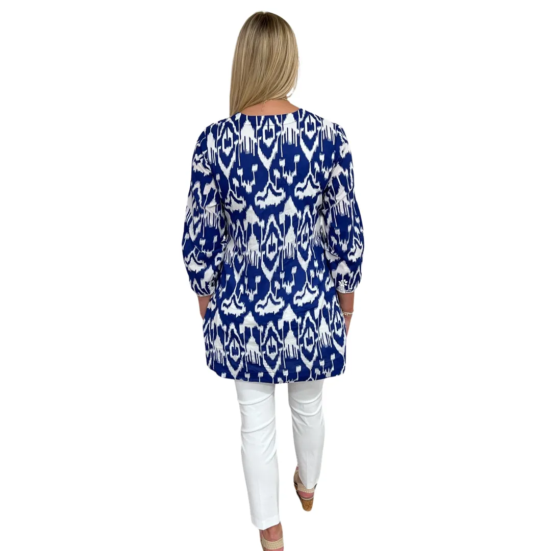 The Key Biscayne Embroidered Ikat Print Tunic in Blue and White