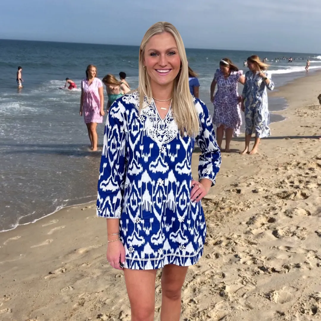 The Key Biscayne Embroidered Ikat Print Tunic in Blue and White