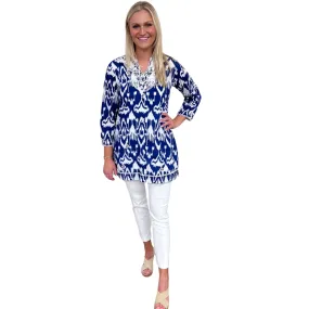 The Key Biscayne Embroidered Ikat Print Tunic in Blue and White