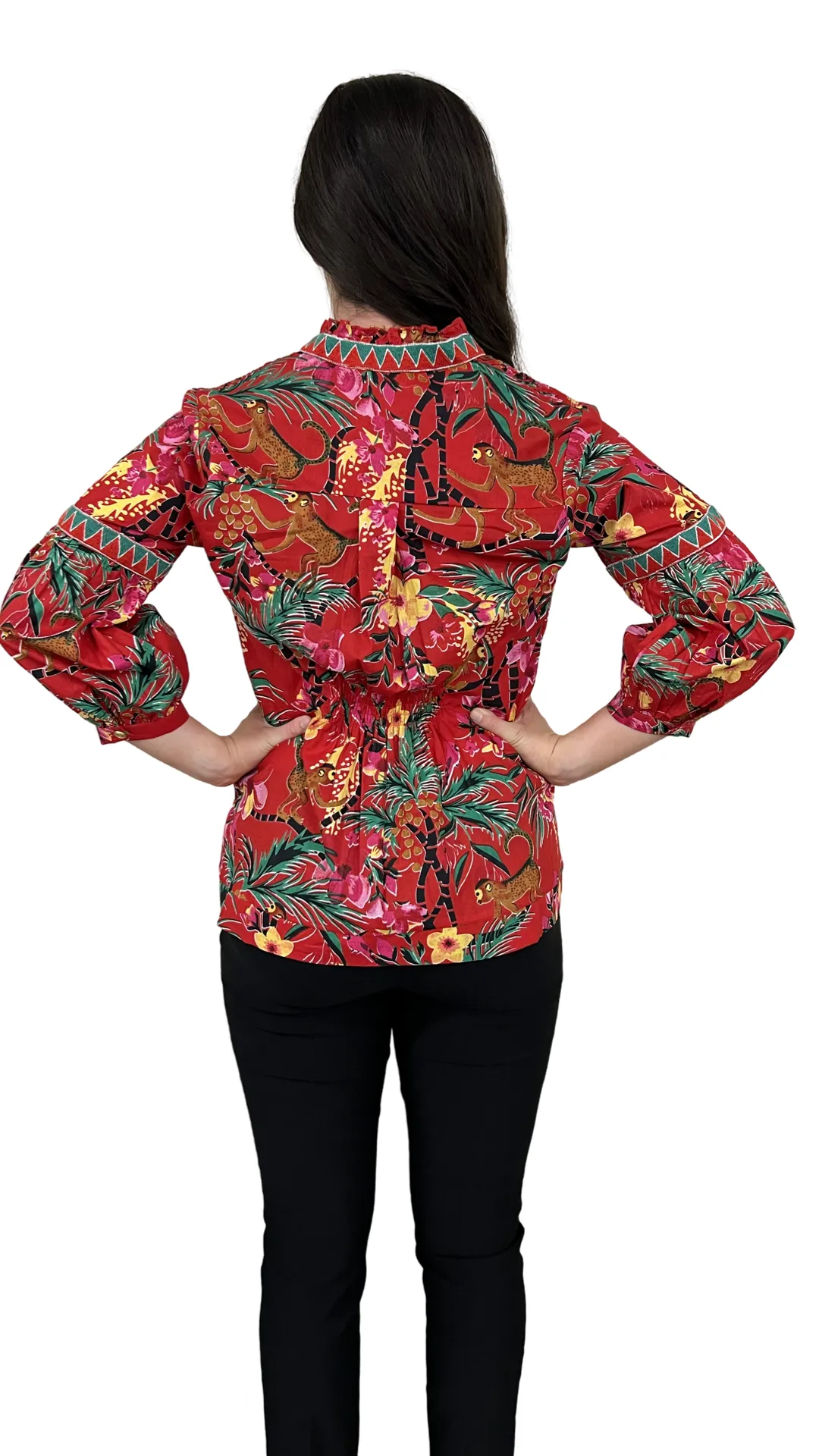 The Mckenzie Cinch Back Top in Hand Blocked Monkey Print Floral