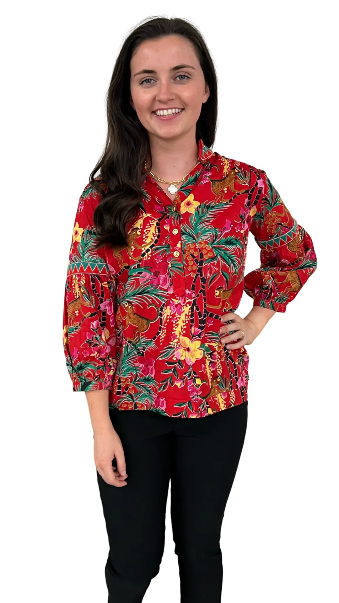 The Mckenzie Cinch Back Top in Hand Blocked Monkey Print Floral