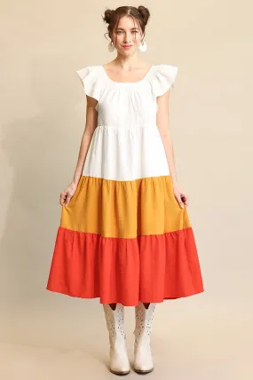 Tomato Mix Flutter Sleeve and Color Block Tiered Midi Dress