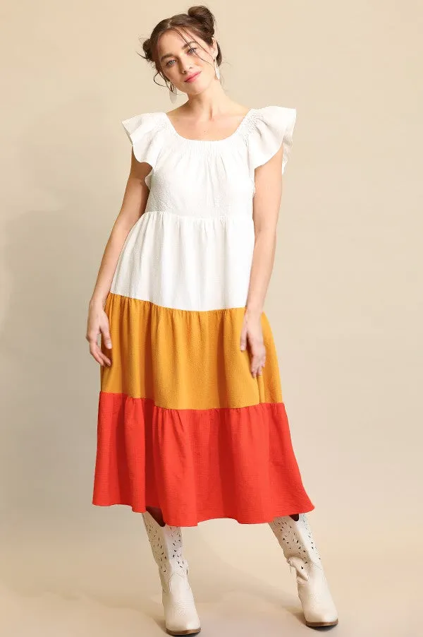 Tomato Mix Flutter Sleeve and Color Block Tiered Midi Dress