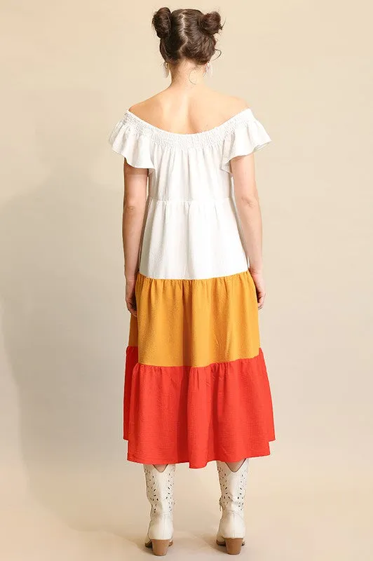 Tomato Mix Flutter Sleeve and Color Block Tiered Midi Dress