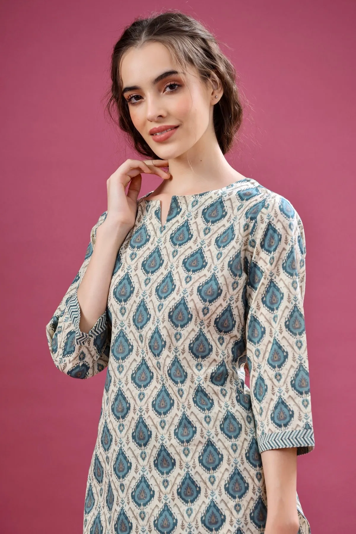 Traditional Motif on Off-white Loungewear Top Set