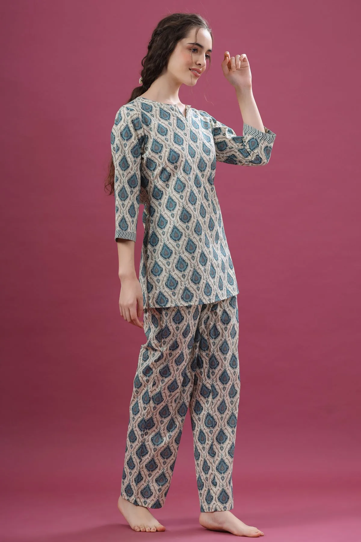 Traditional Motif on Off-white Loungewear Top Set