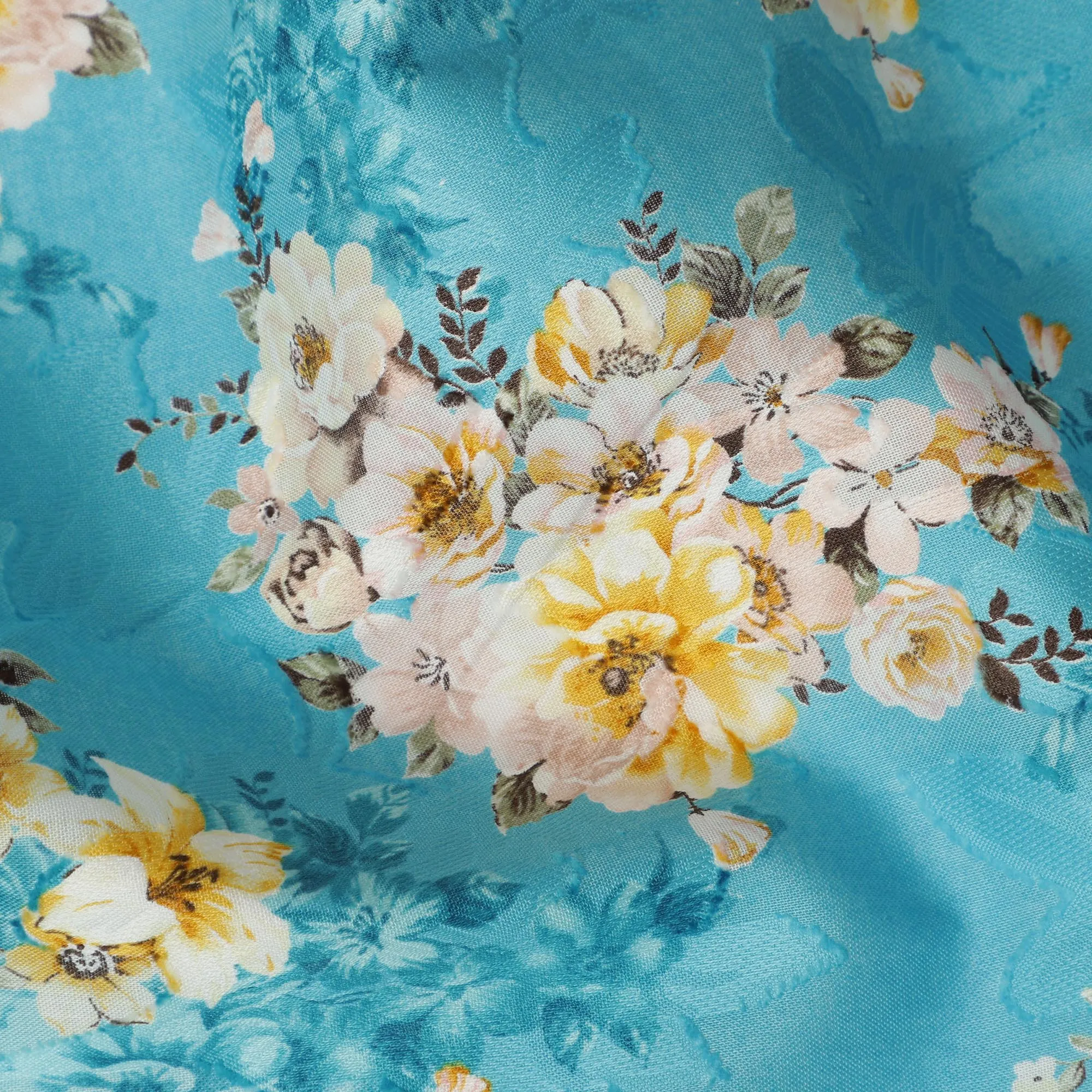 Turquoise Floral Cotton Uragiri Voile Fabric having Jacquard, 110 cm Width-D20566