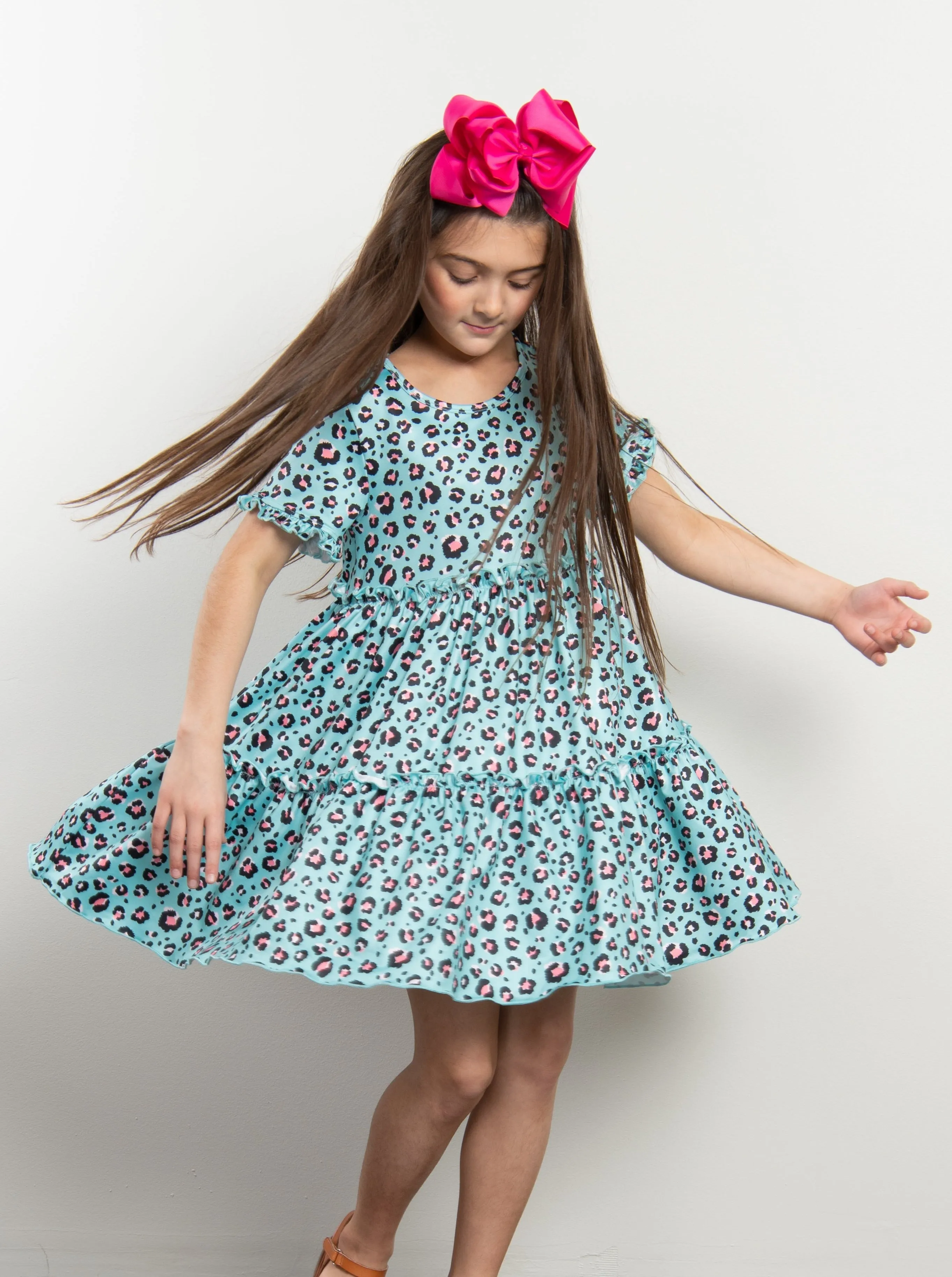 Turquoise Leopard Tiered Ruffle Dress