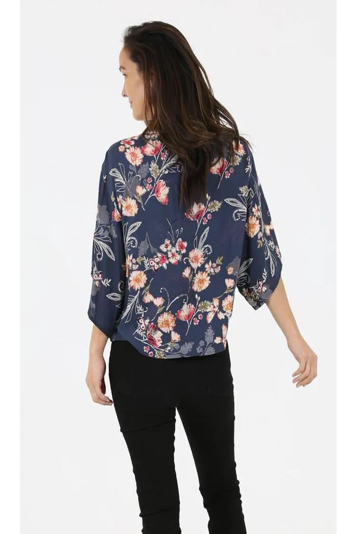 V Neck Tie Waist Kimono Sleeve Blouse