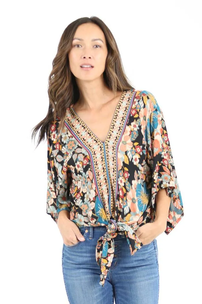 V Neck Tie Waist Kimono Sleeve Blouse