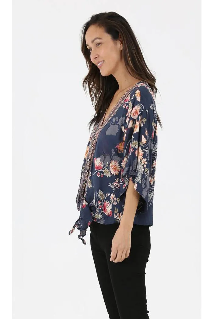 V Neck Tie Waist Kimono Sleeve Blouse