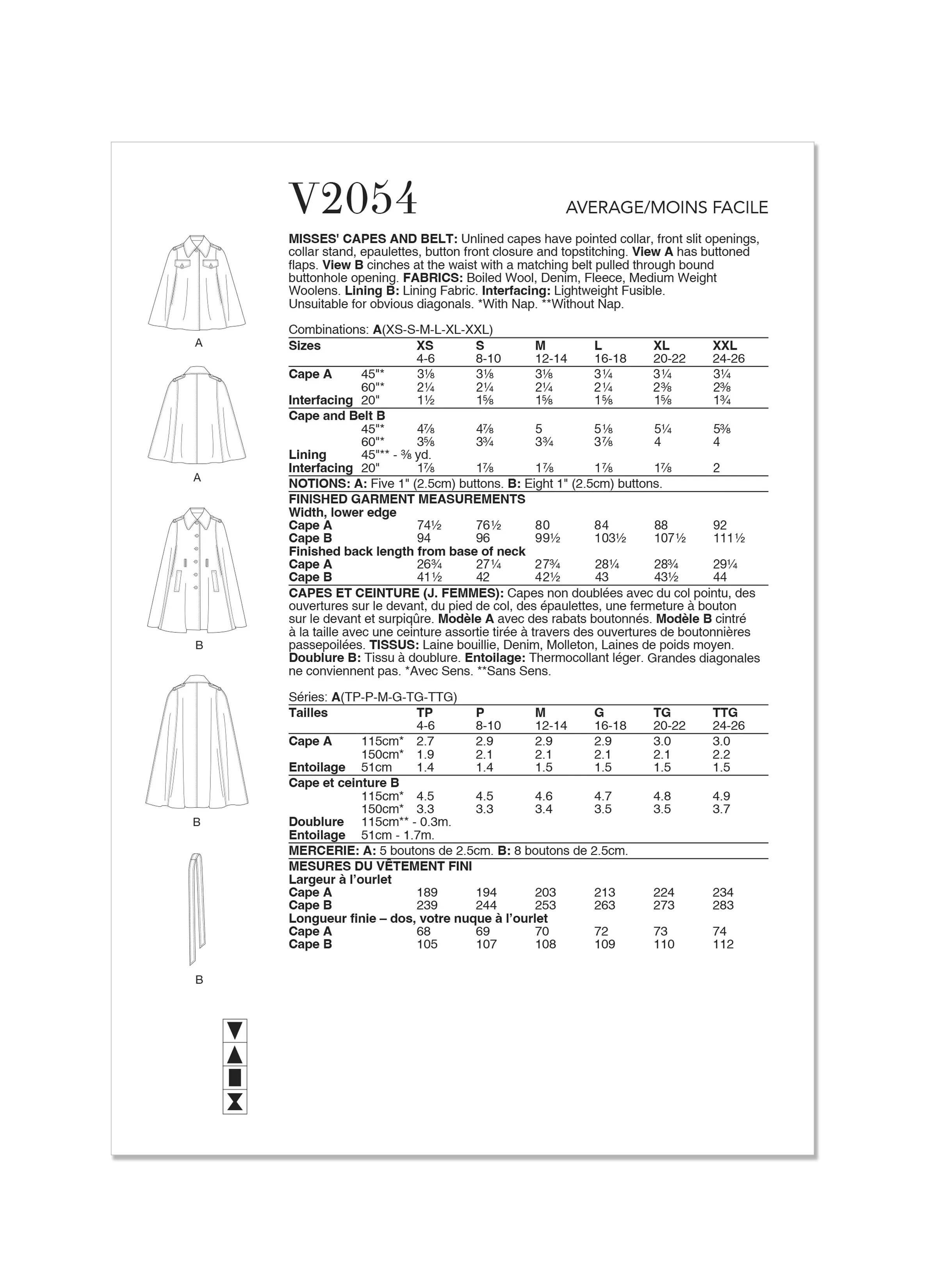 Vogue Sewing Pattern 2054 Capes and Belt