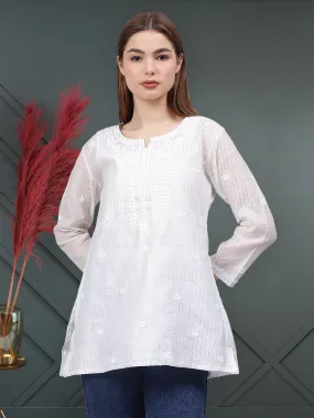 White Chanderi Embroidered Chikankari Tunic With Slip