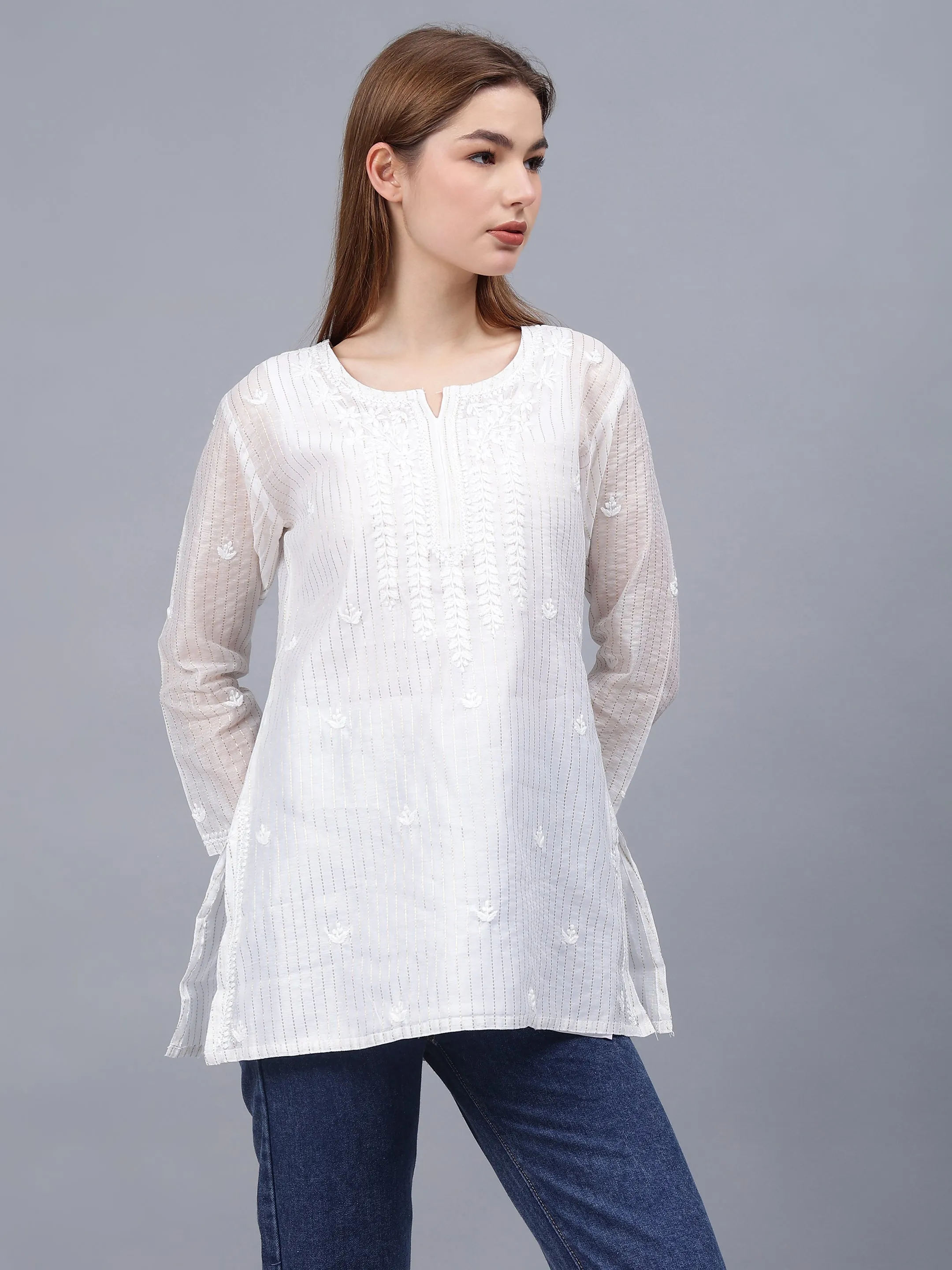 White Chanderi Embroidered Chikankari Tunic With Slip